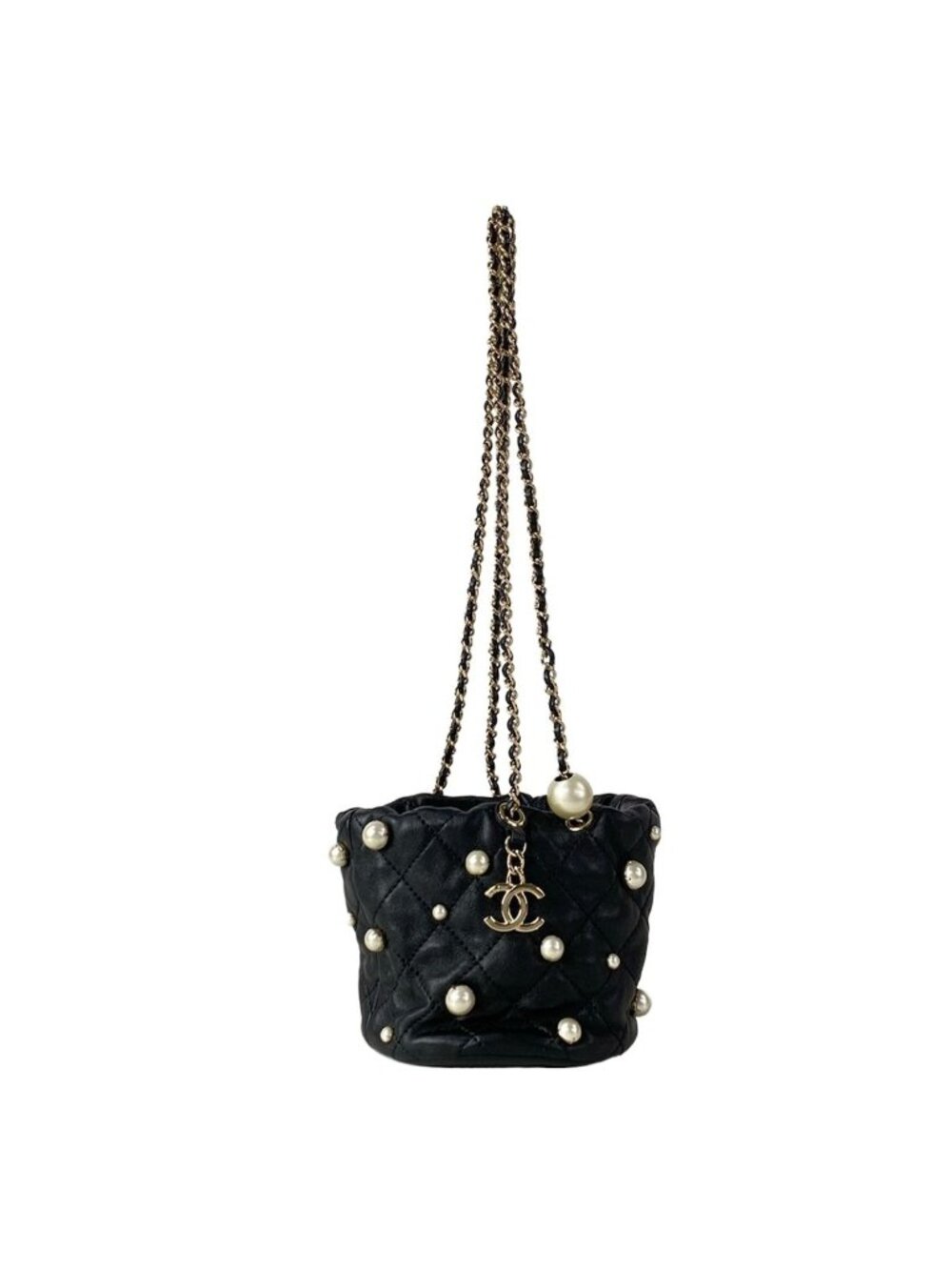Chanel Shoulder Bag Quilted Black Chain Gold Faux Pearl Drawstring Mini Lambskin